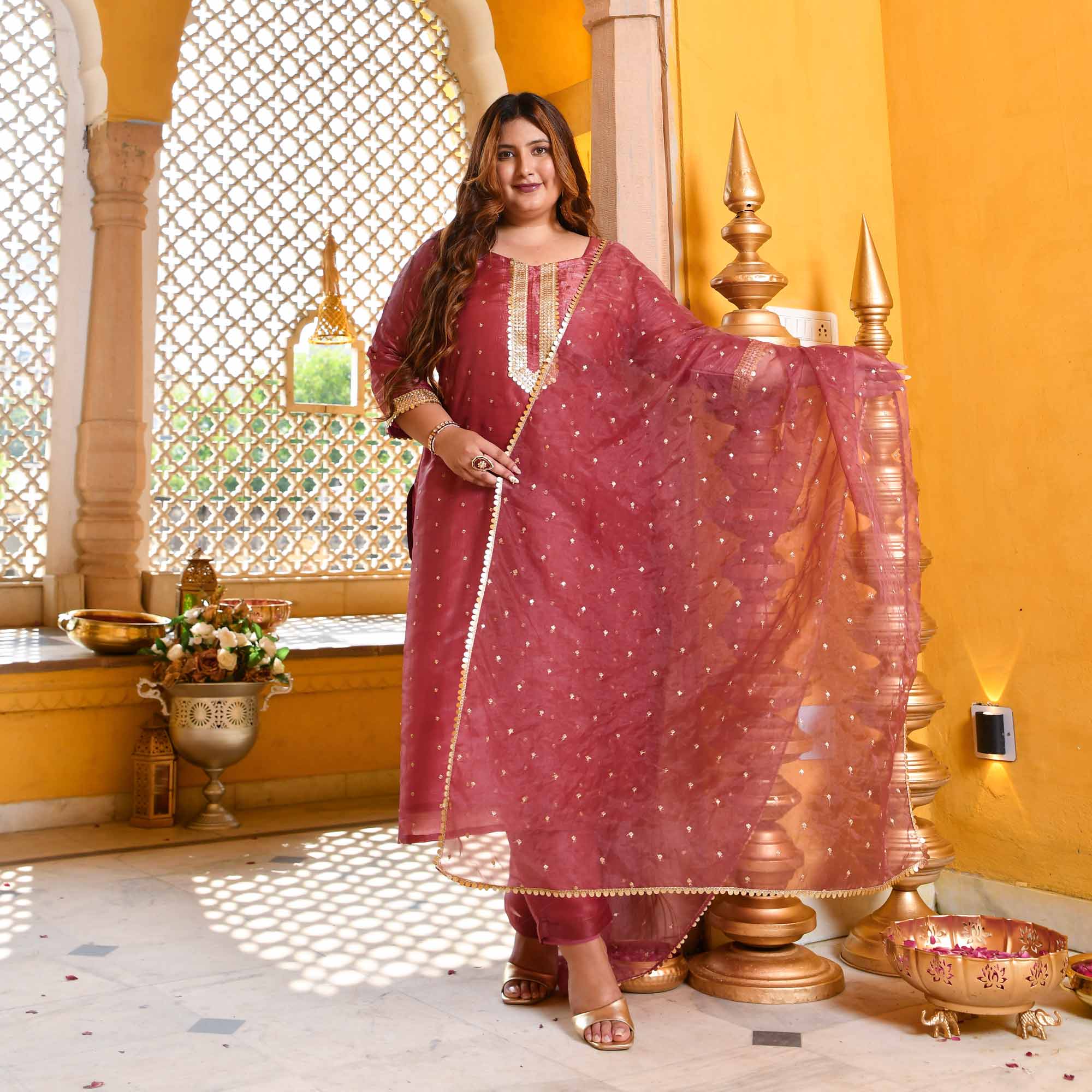 Rouge-Onion Pink Tissue Silk Embroidered Suit Set