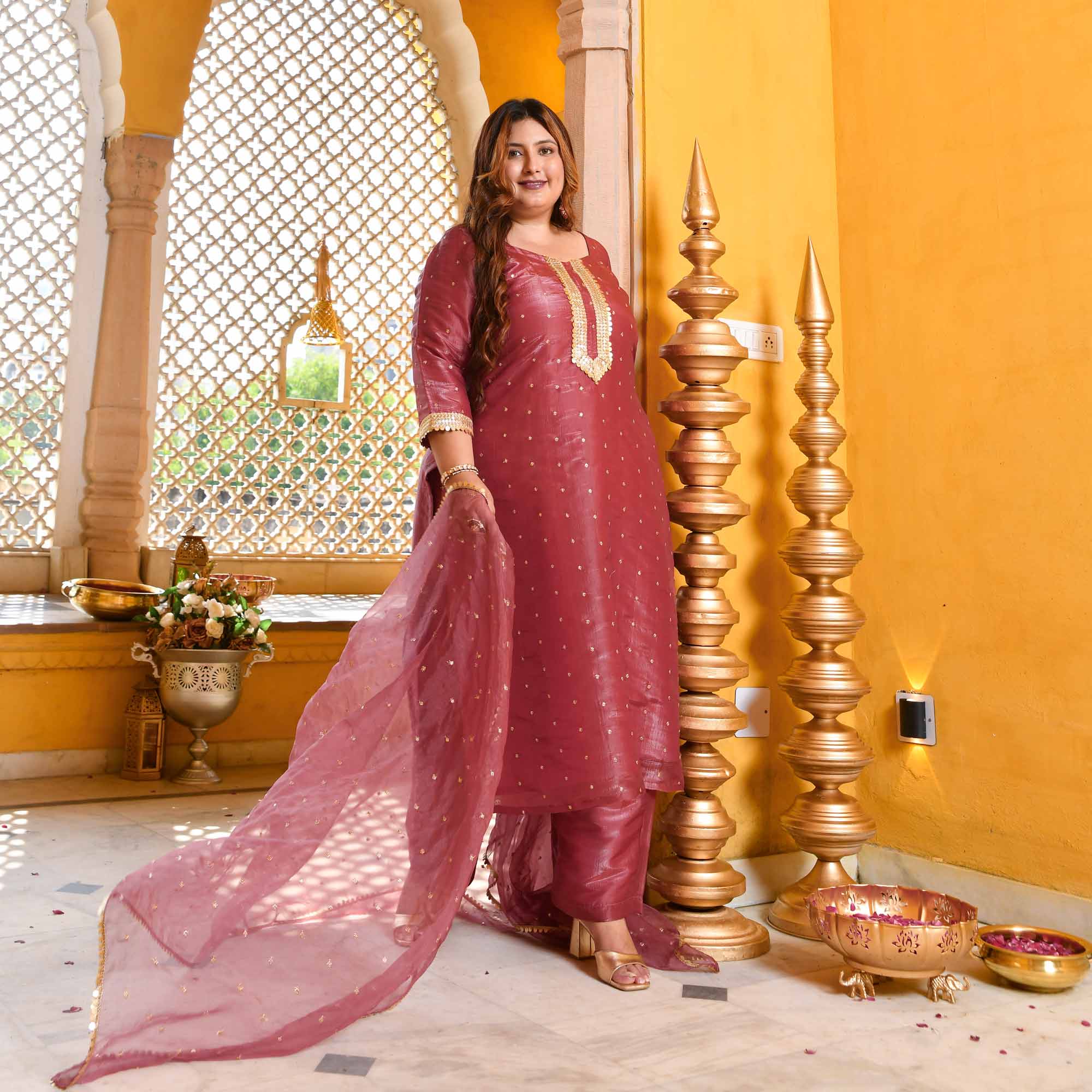 Rouge-Onion Pink Tissue Silk Embroidered Suit Set