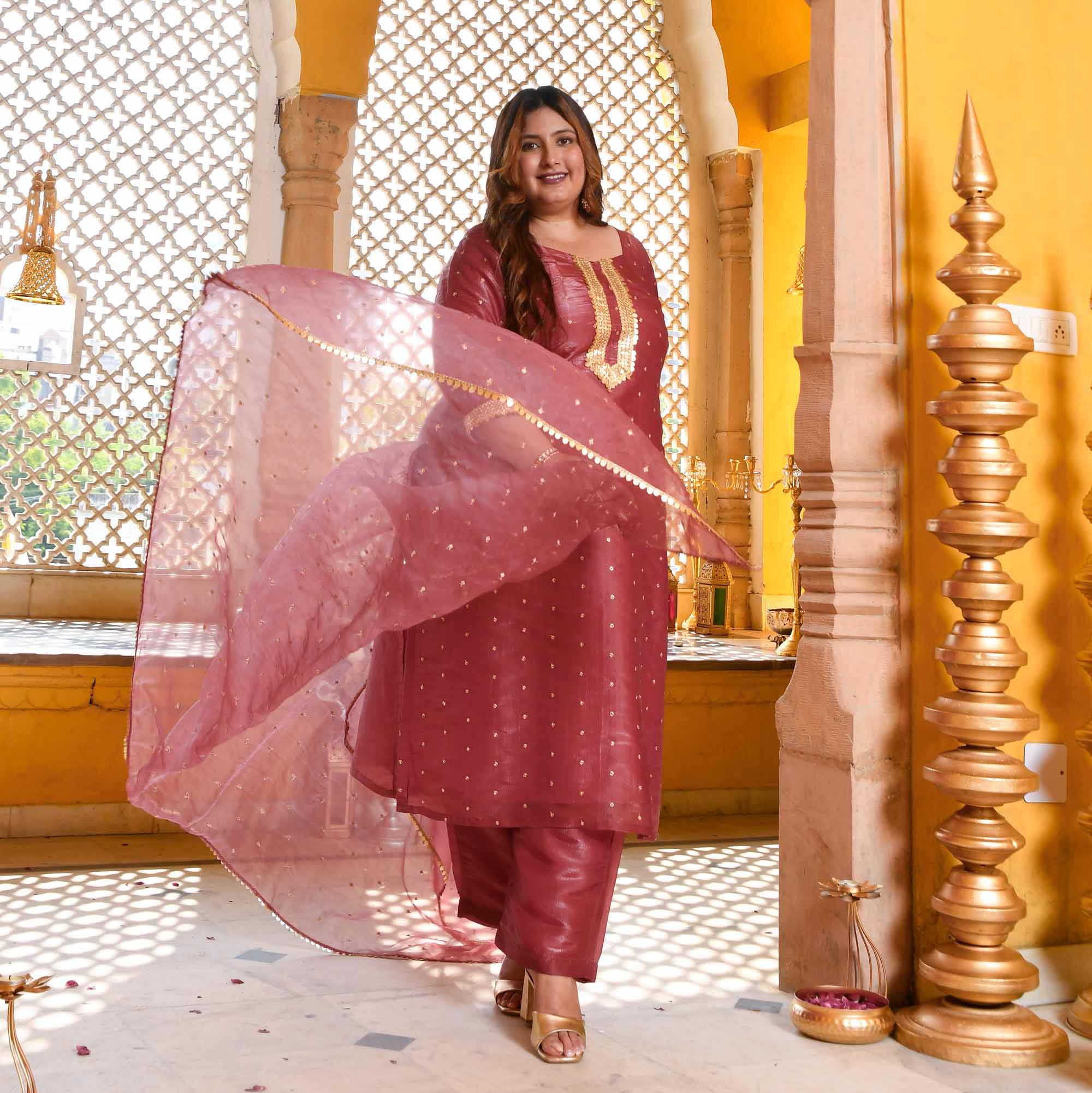 Rouge-Onion Pink Tissue Silk Embroidered Suit Set