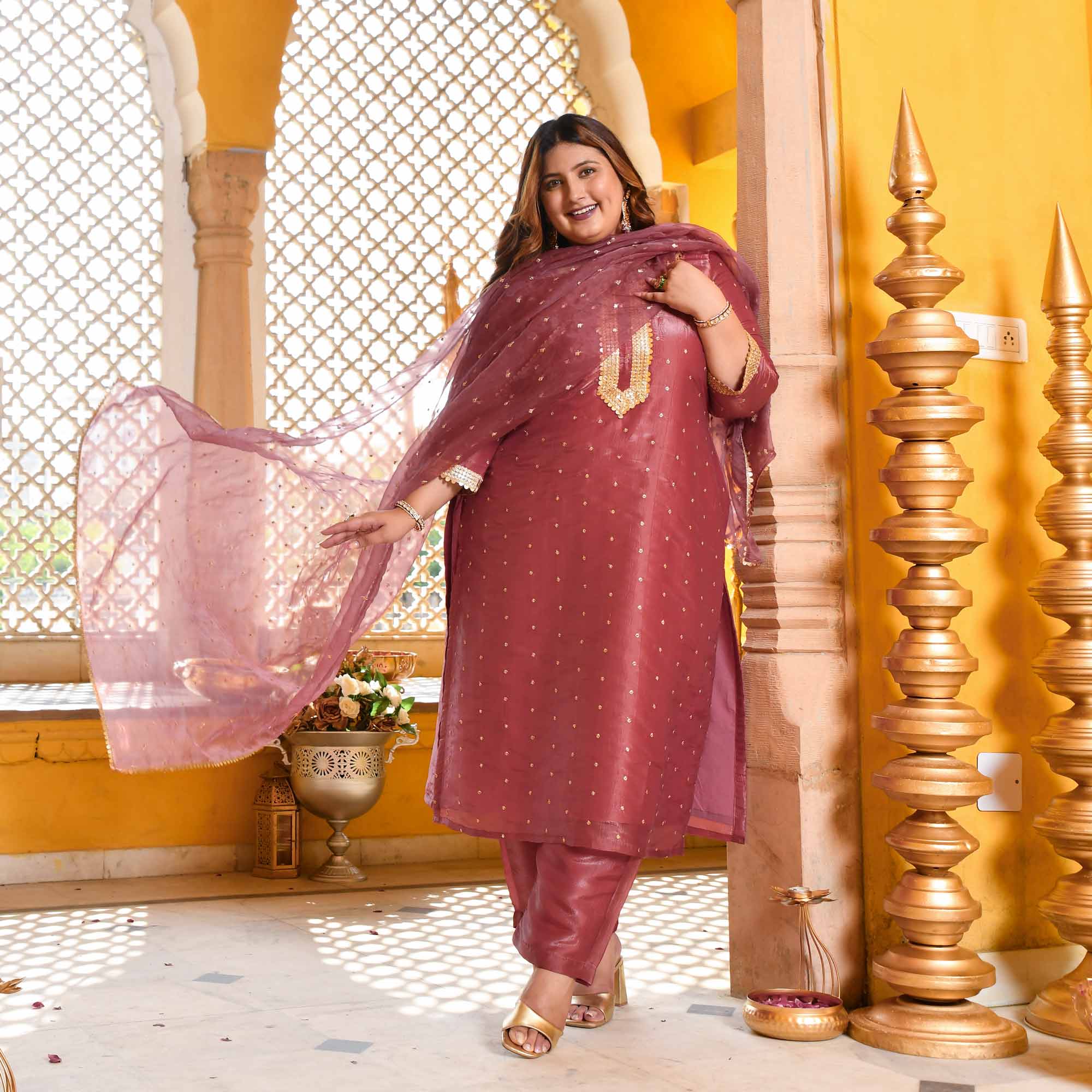 Rouge-Onion Pink Tissue Silk Embroidered Suit Set