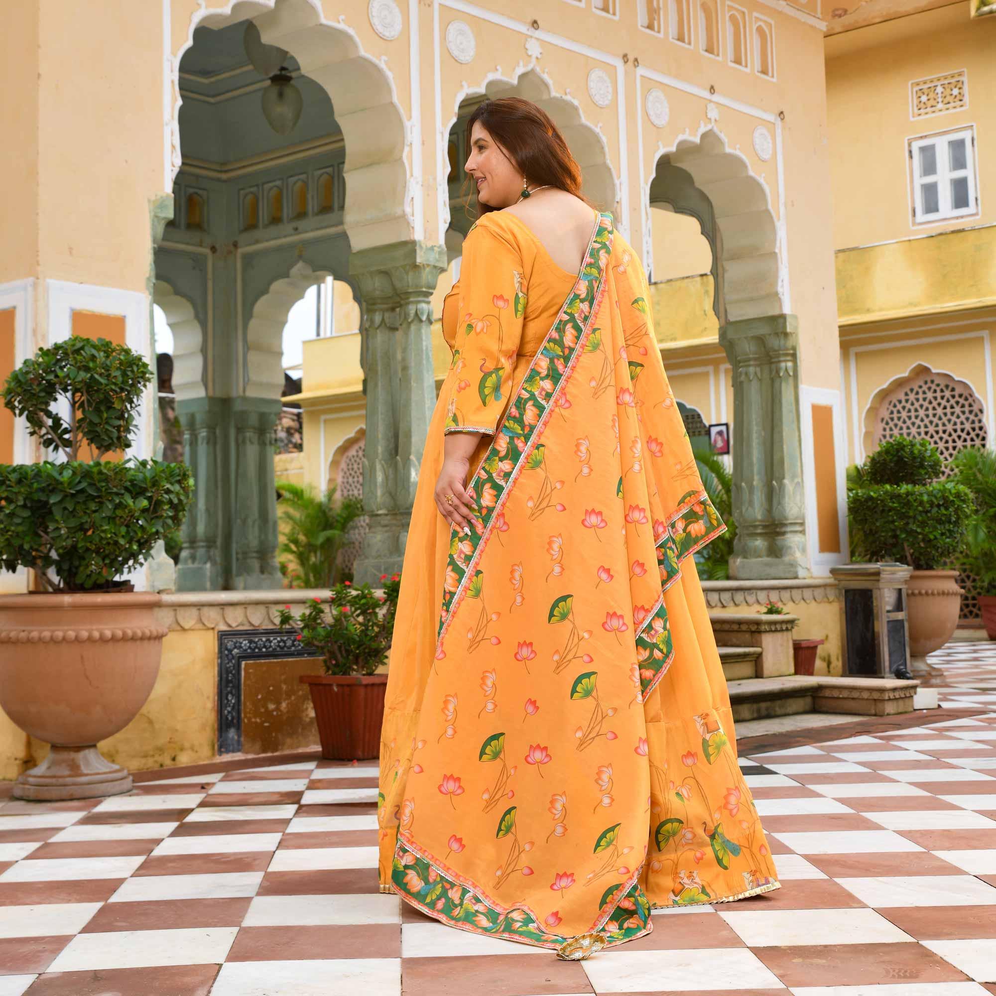 Zafrani-Mustard Yellow Tissue Silk Pichwai Printed Anarkali Set