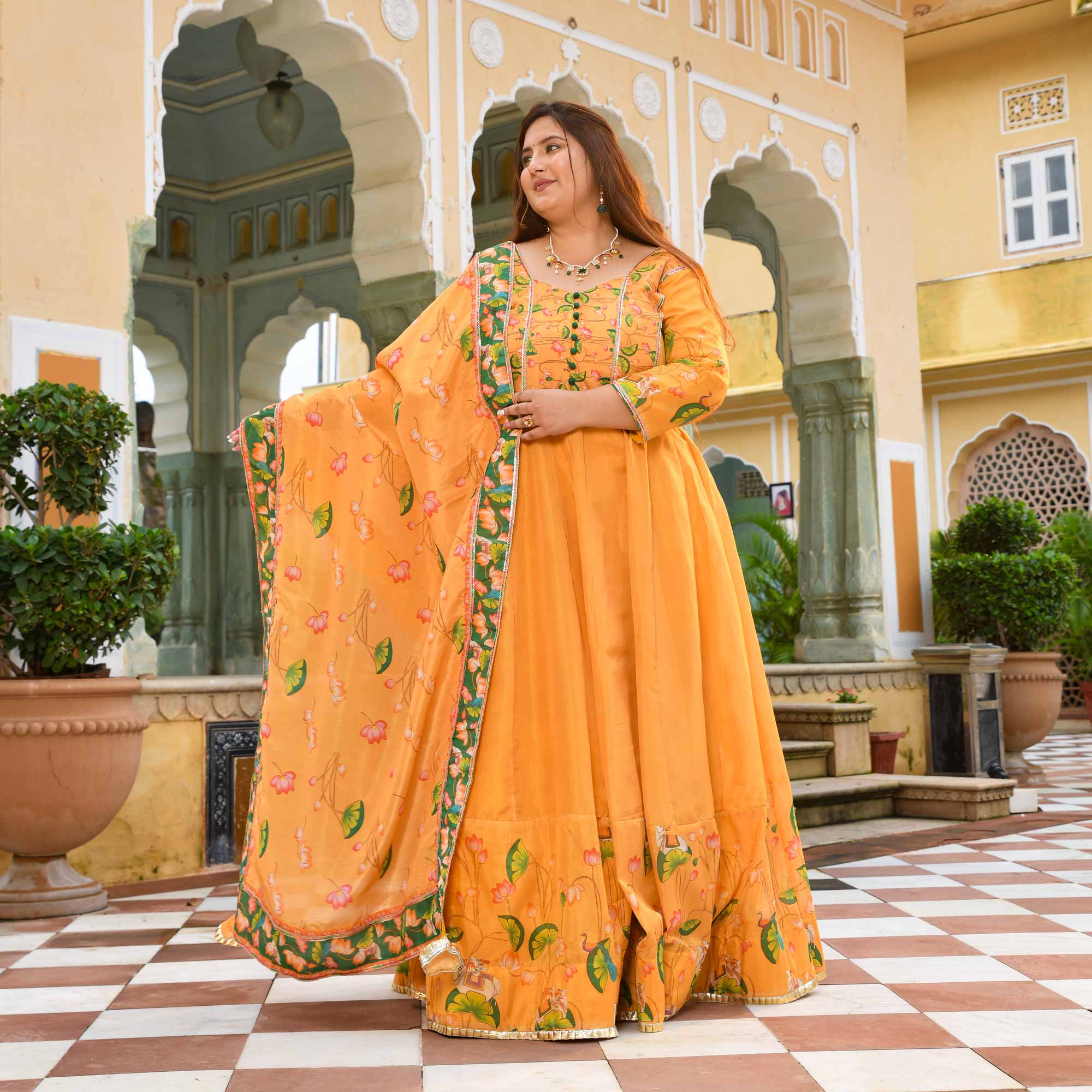 Zafrani-Mustard Yellow Tissue Silk Pichwai Printed Anarkali Set