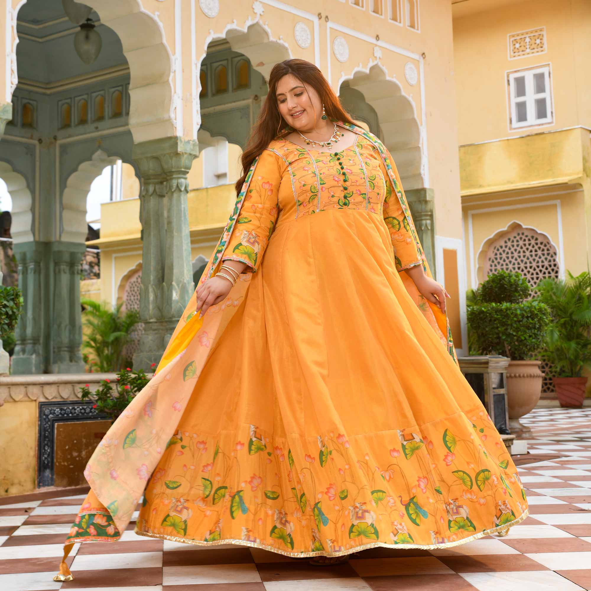 Zafrani-Mustard Yellow Tissue Silk Pichwai Printed Anarkali Set