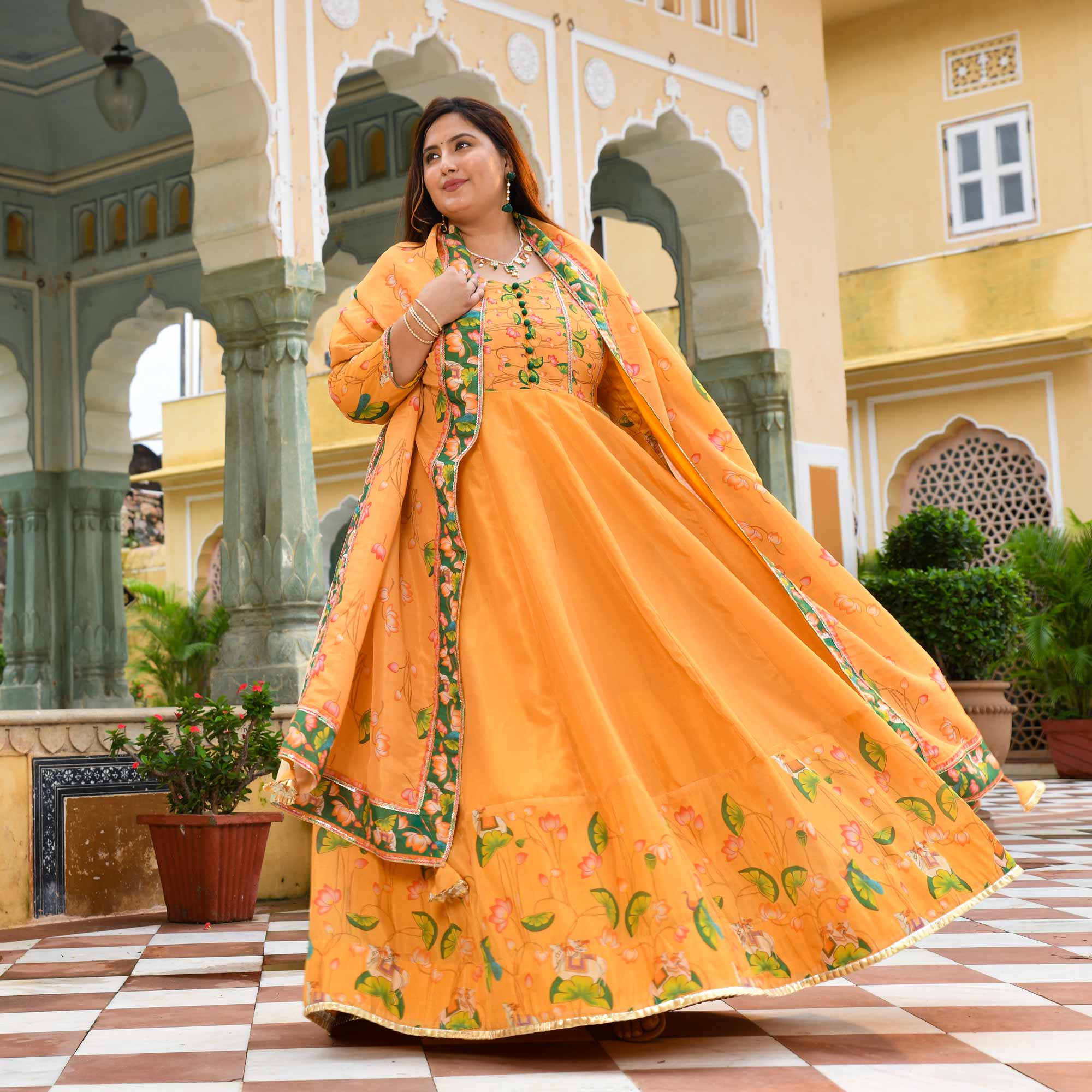 Zafrani-Mustard Yellow Tissue Silk Pichwai Printed Anarkali Set