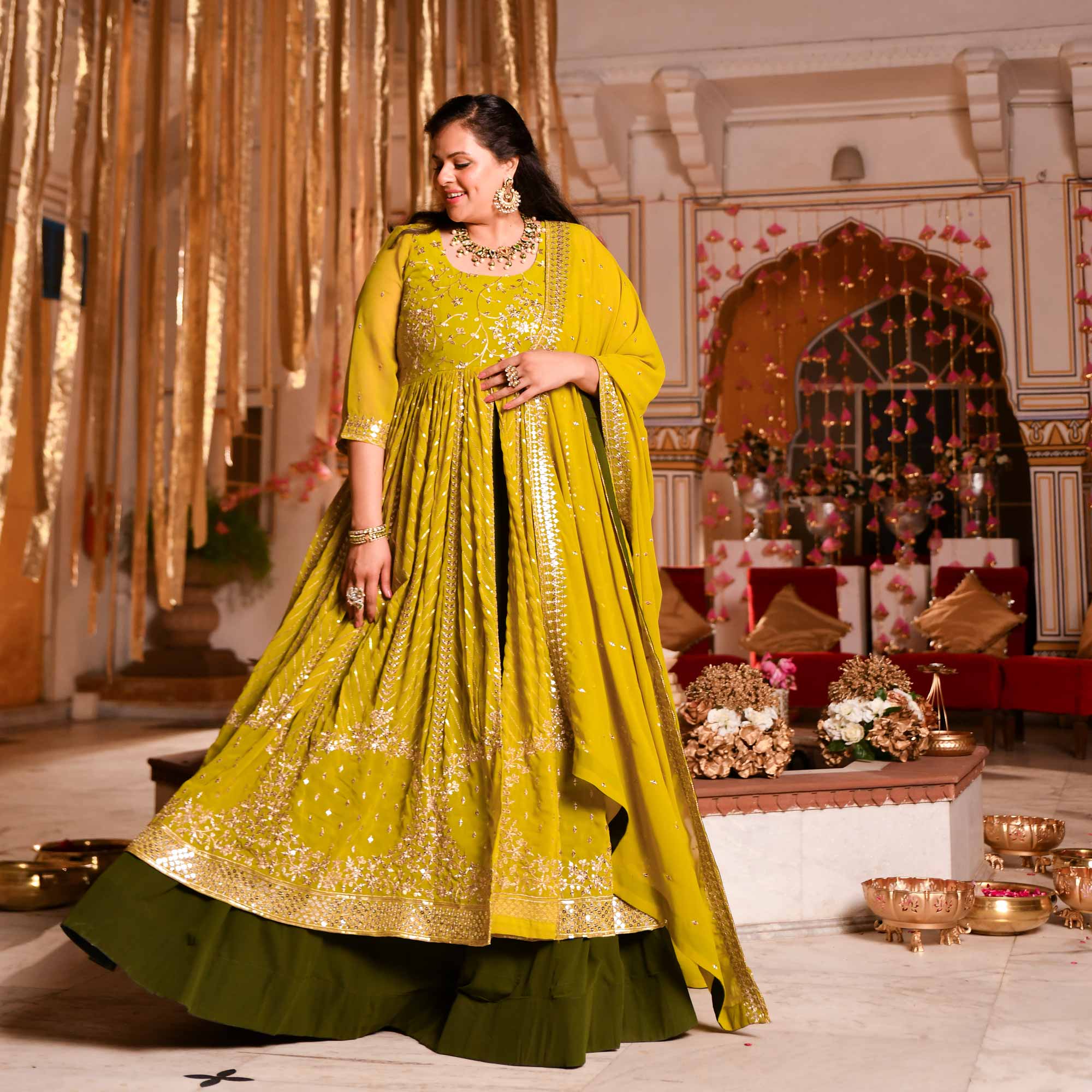 Citrine Shimmer & Mehendi Sequin Embroidered Anarkali Lehenga Set