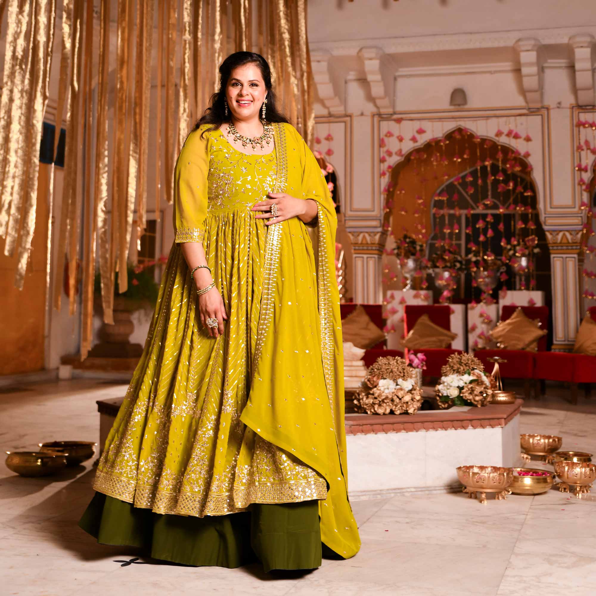 Citrine Shimmer & Mehendi Sequin Embroidered Anarkali Lehenga Set