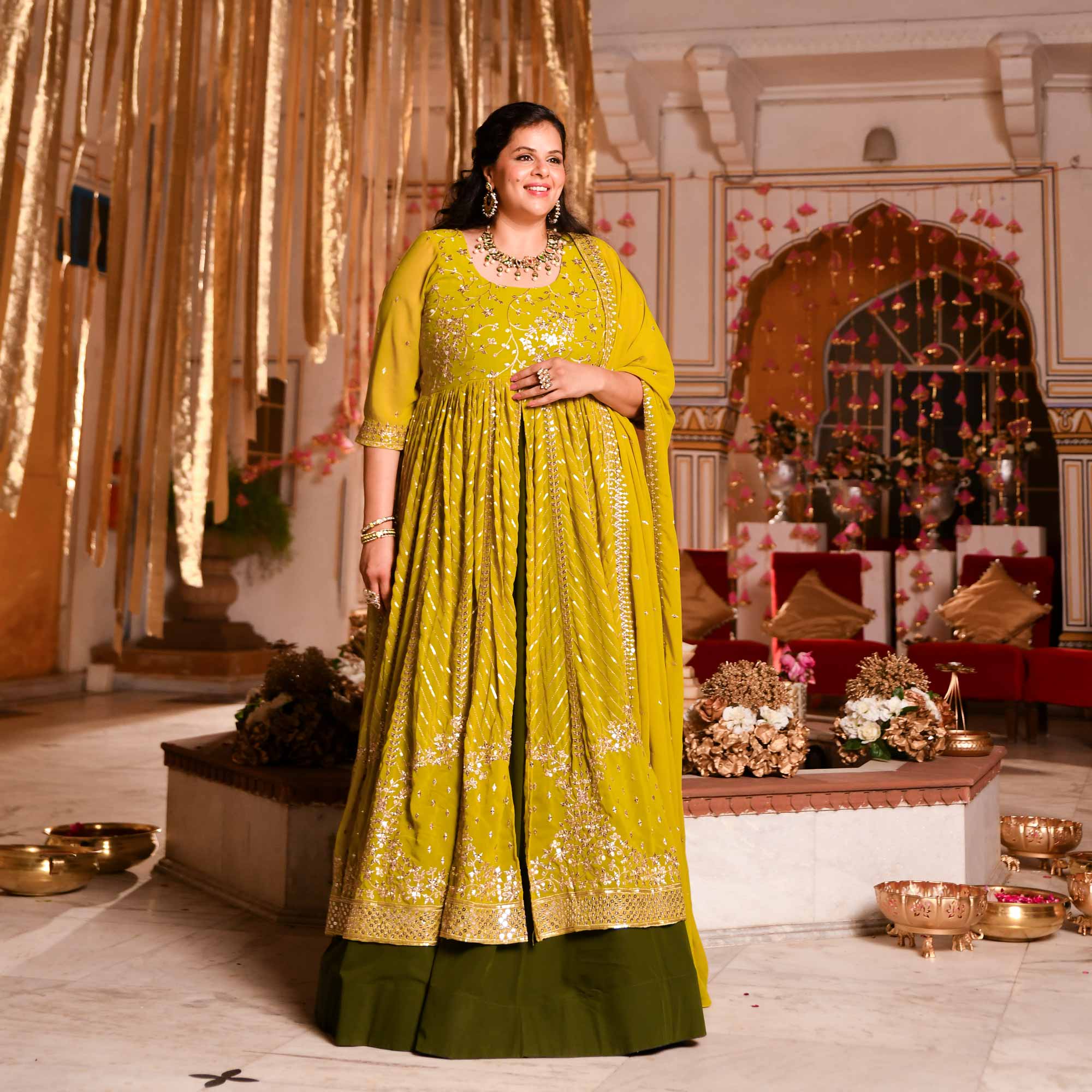 Citrine Shimmer & Mehendi Sequin Embroidered Anarkali Lehenga Set