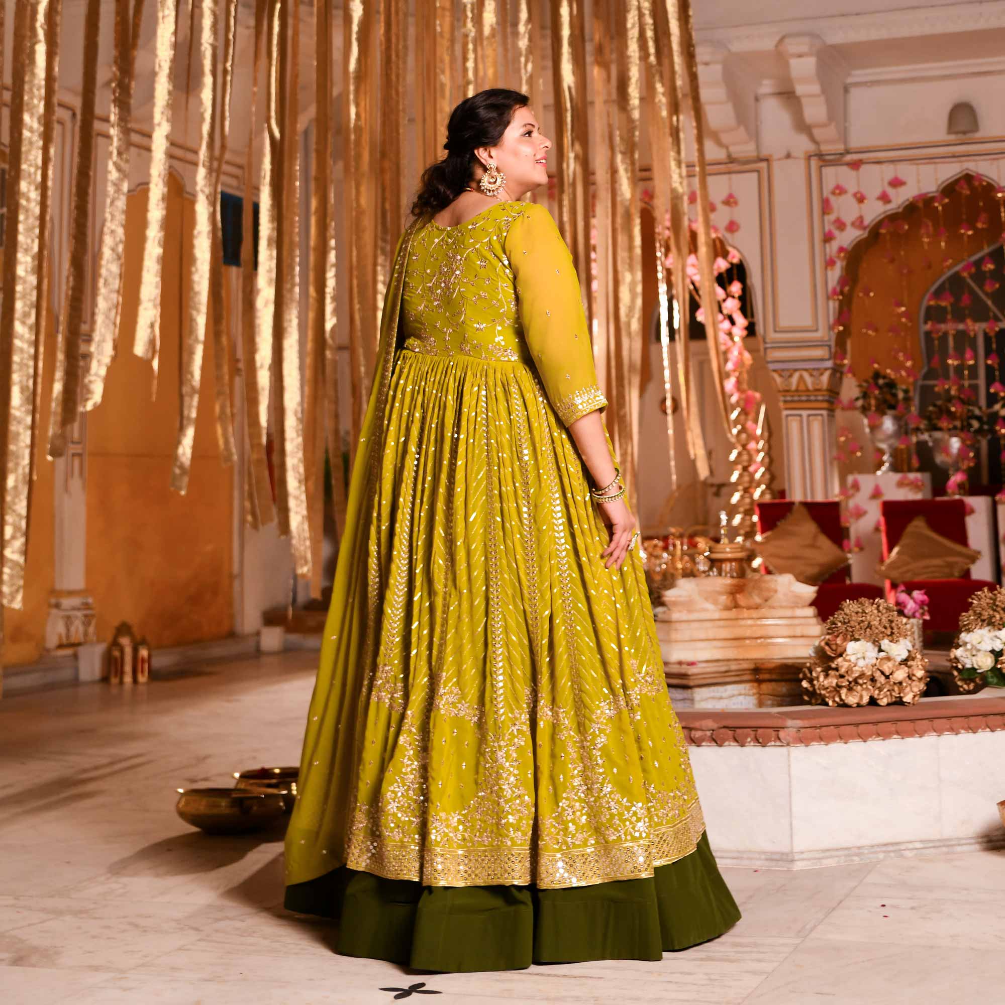 Citrine Shimmer & Mehendi Sequin Embroidered Anarkali Lehenga Set