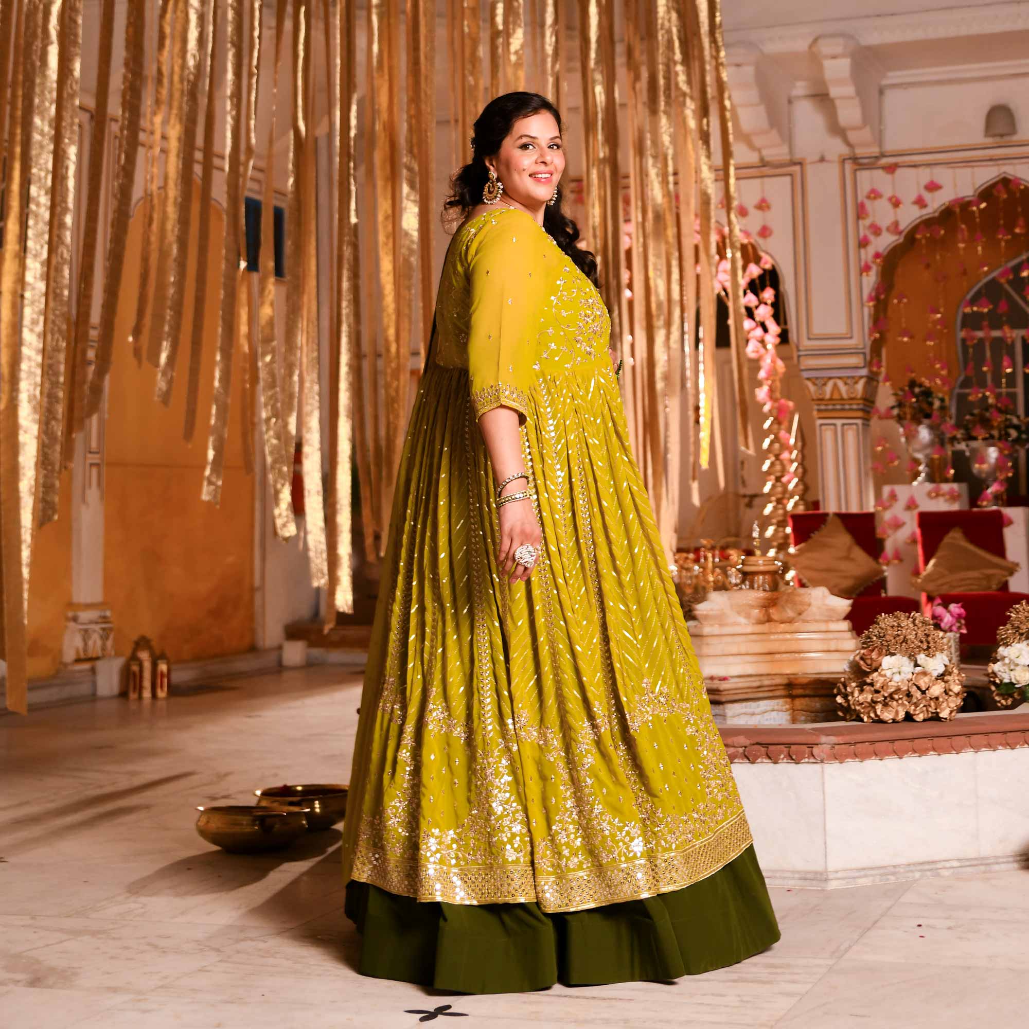 Citrine Shimmer & Mehendi Sequin Embroidered Anarkali Lehenga Set