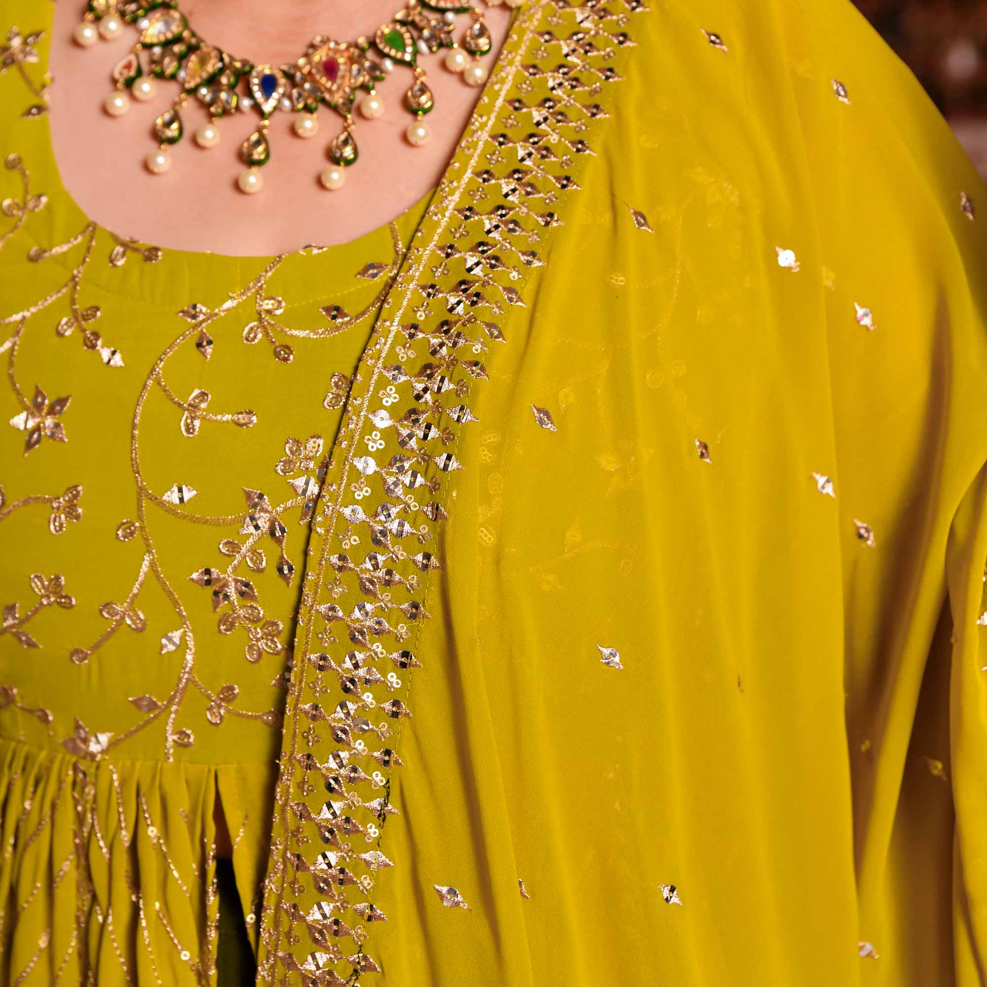 Citrine Shimmer & Mehendi Sequin Embroidered Anarkali Lehenga Set