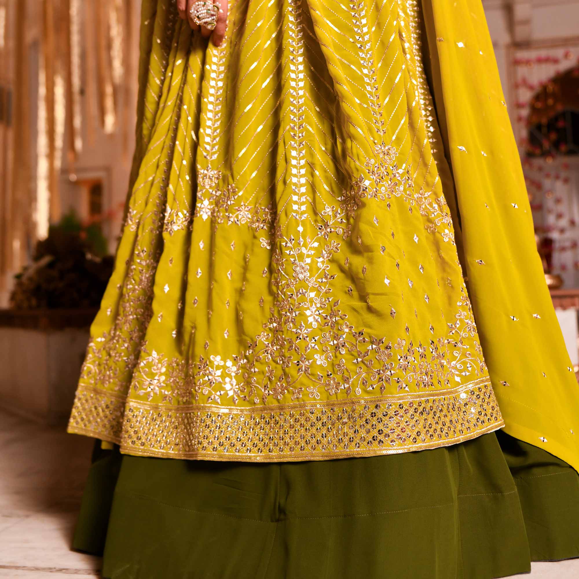 Citrine Shimmer & Mehendi Sequin Embroidered Anarkali Lehenga Set