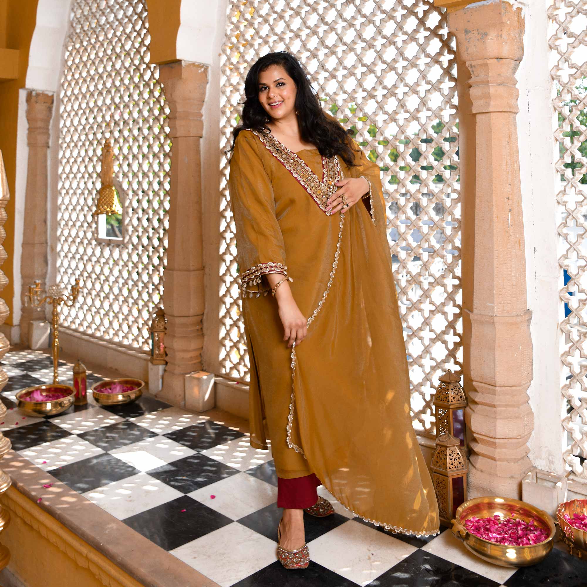 Ochre Gold & Glam Mirror Embroidered Tissue Silk Suit Set