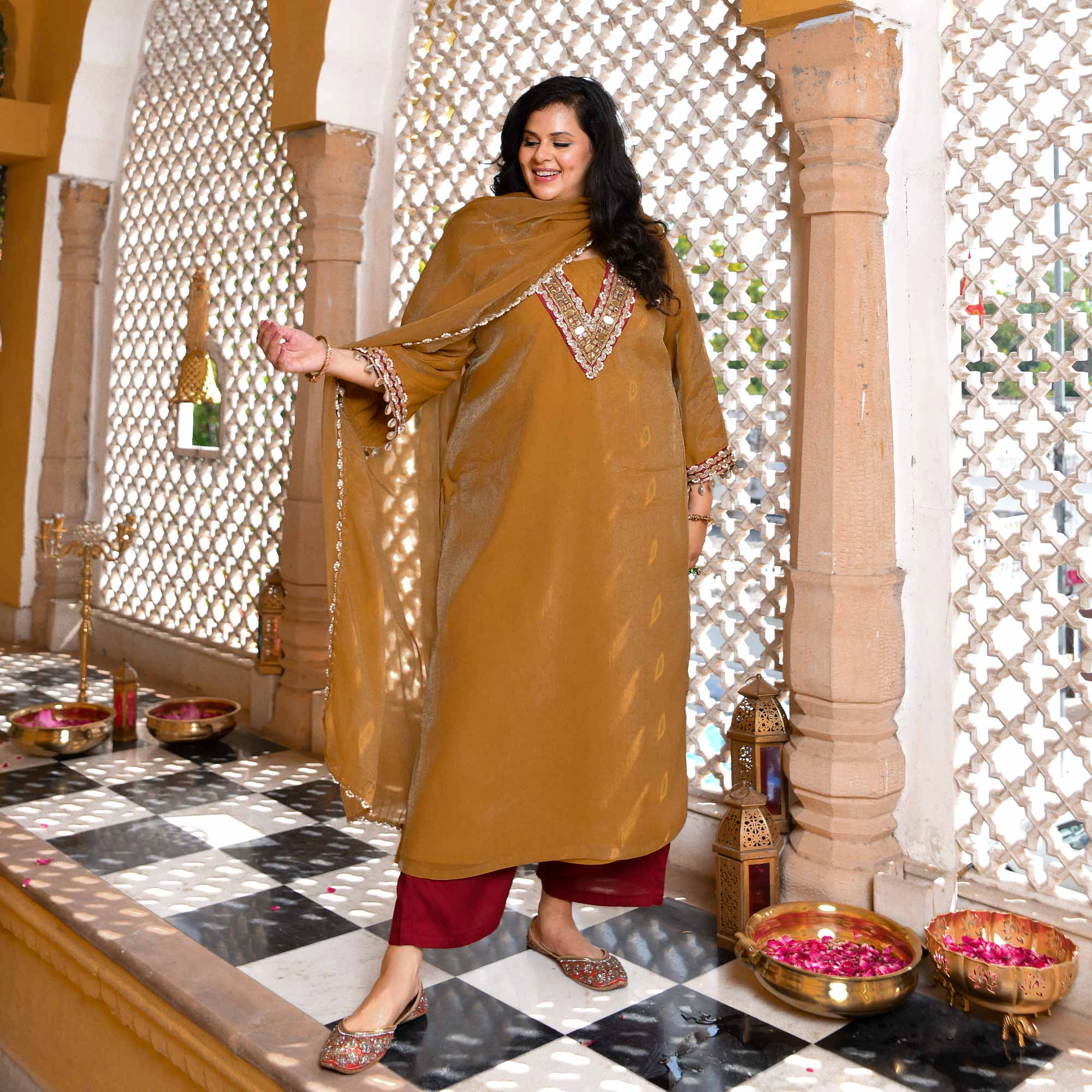 Ochre Gold & Glam Mirror Embroidered Tissue Silk Suit Set