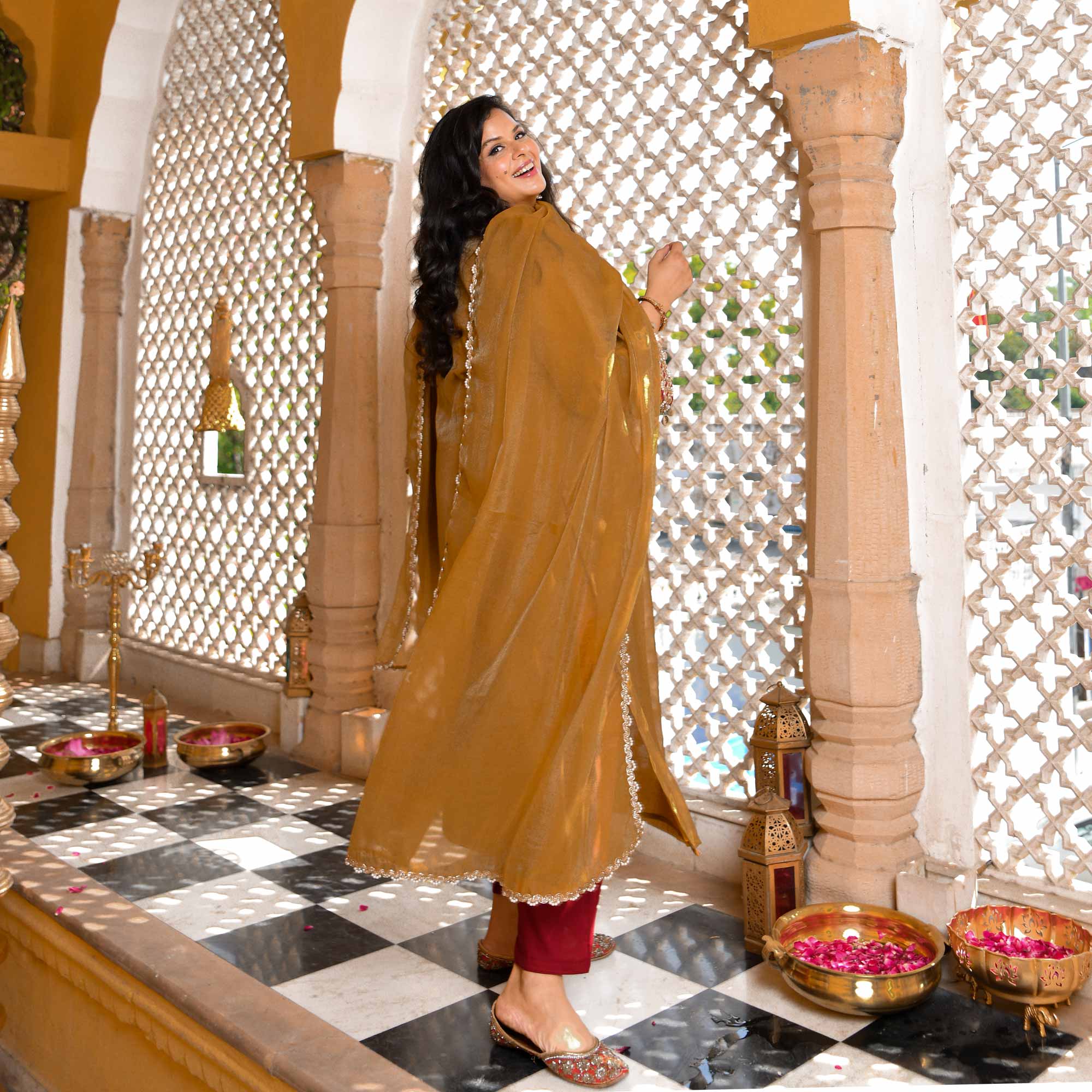 Ochre Gold & Glam Mirror Embroidered Tissue Silk Suit Set