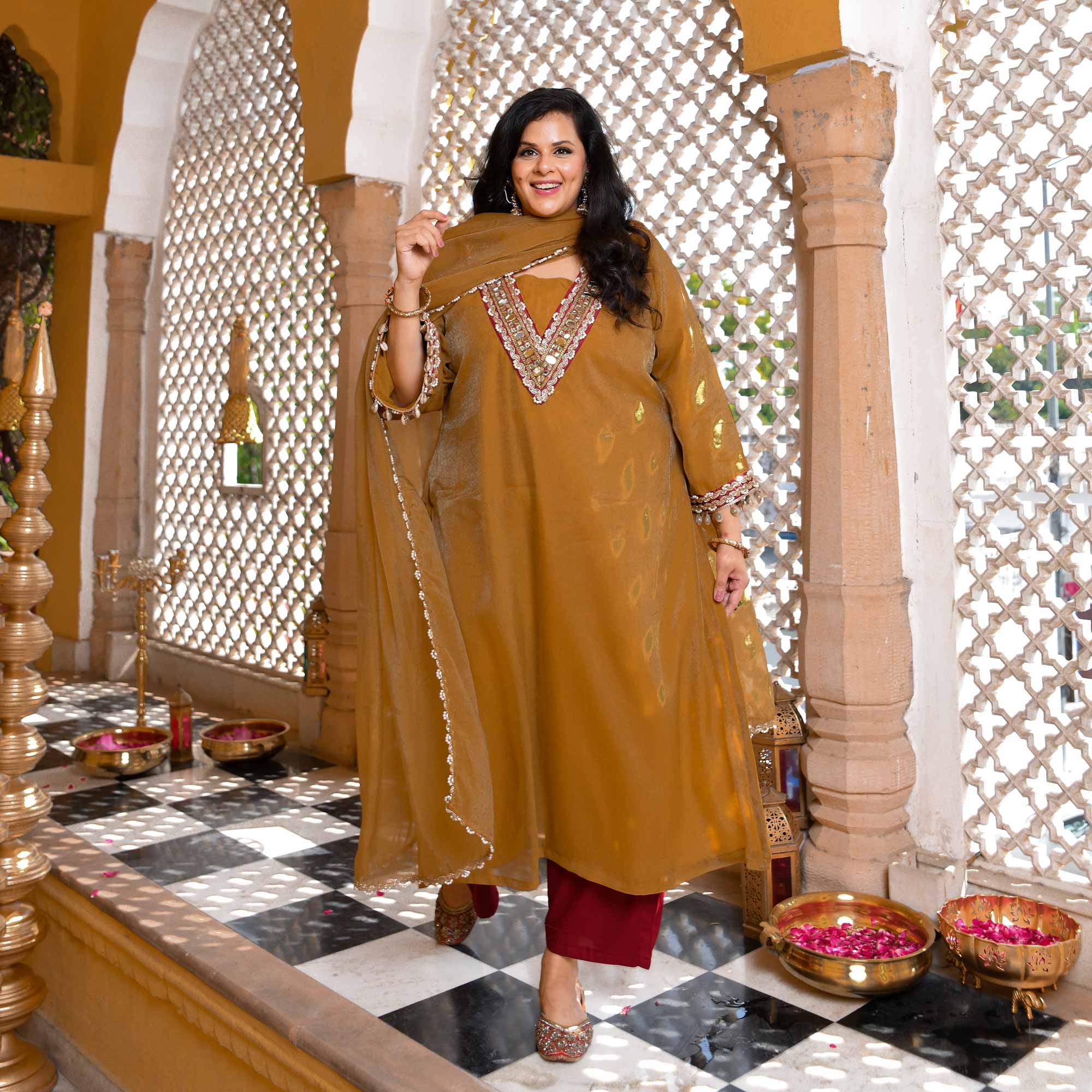 Ochre Gold & Glam Mirror Embroidered Tissue Silk Suit Set