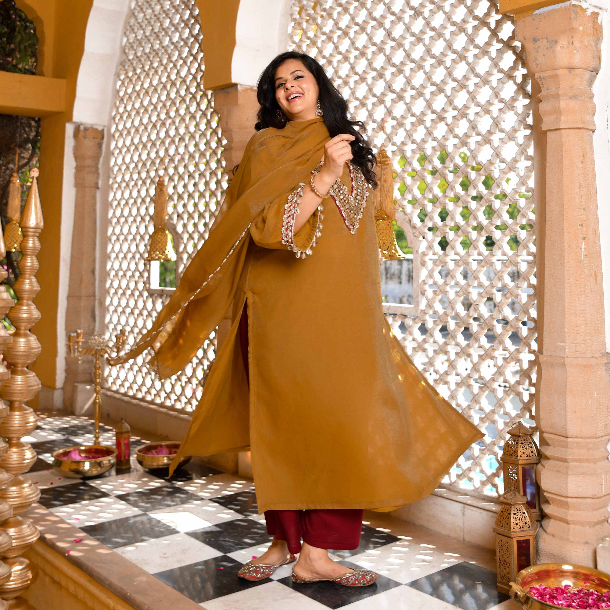 Ochre Gold & Glam Mirror Embroidered Tissue Silk Suit Set