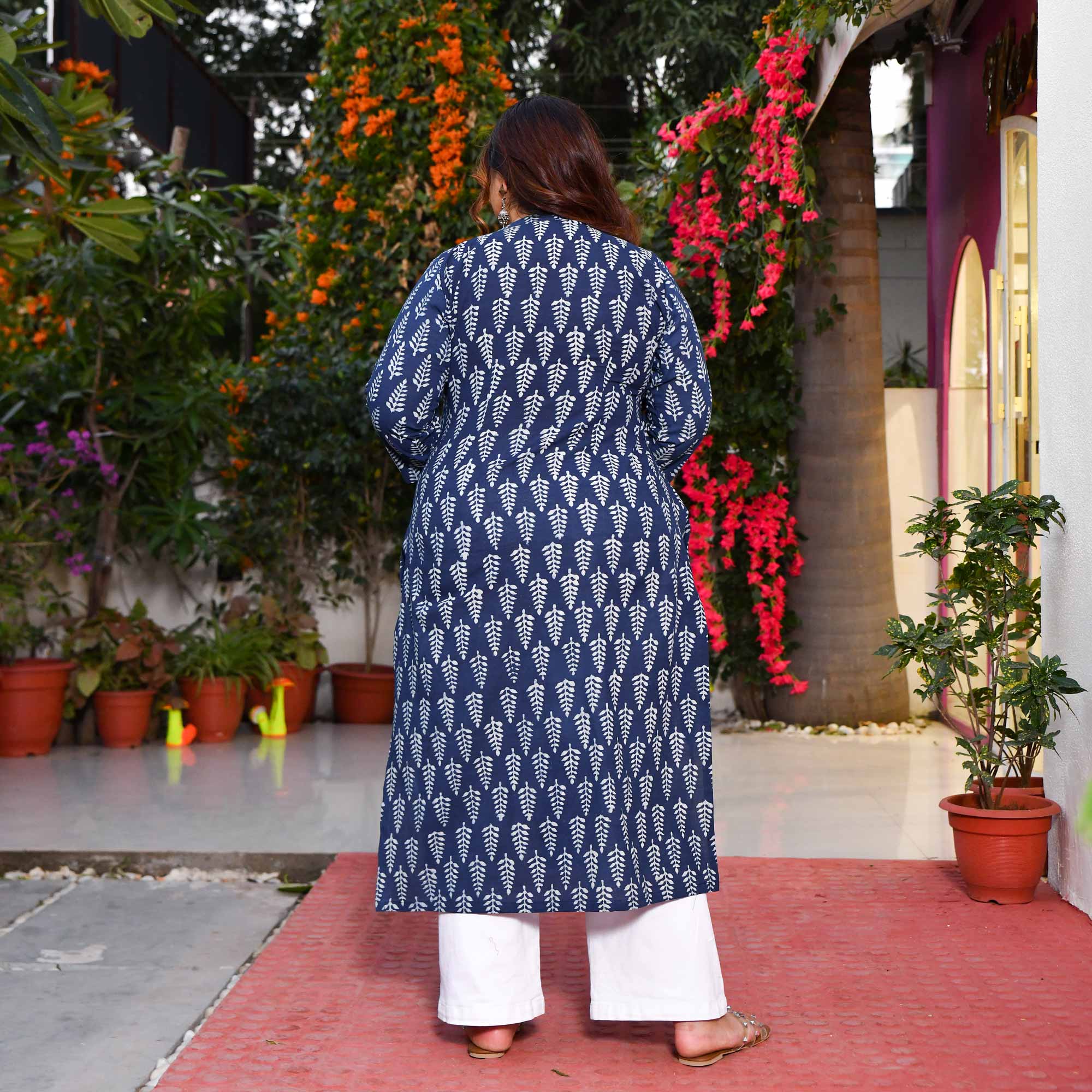 Indigo Pine Cone Handblock Printed Pure Cotton Kurta