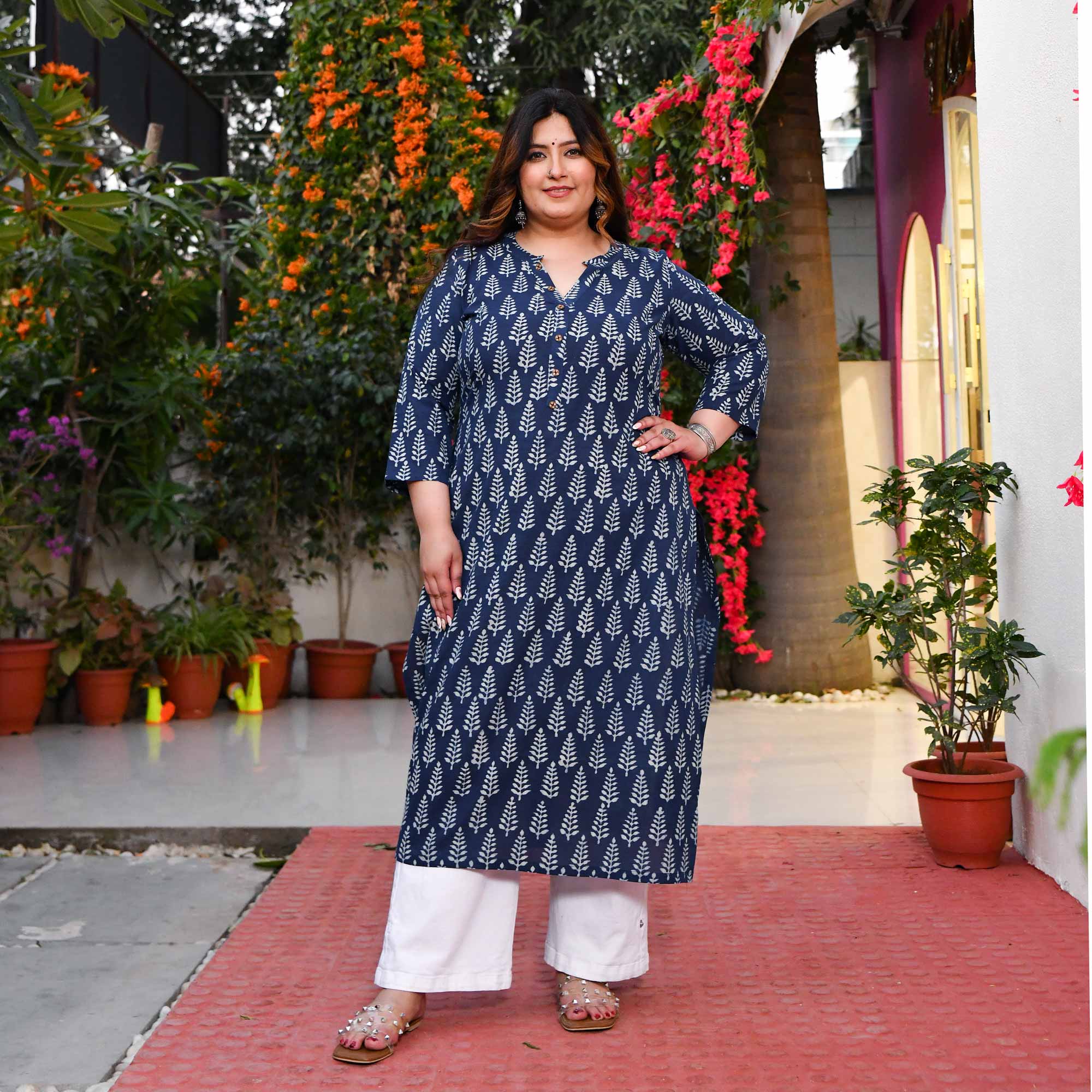 Indigo Pine Cone Handblock Printed Pure Cotton Kurta