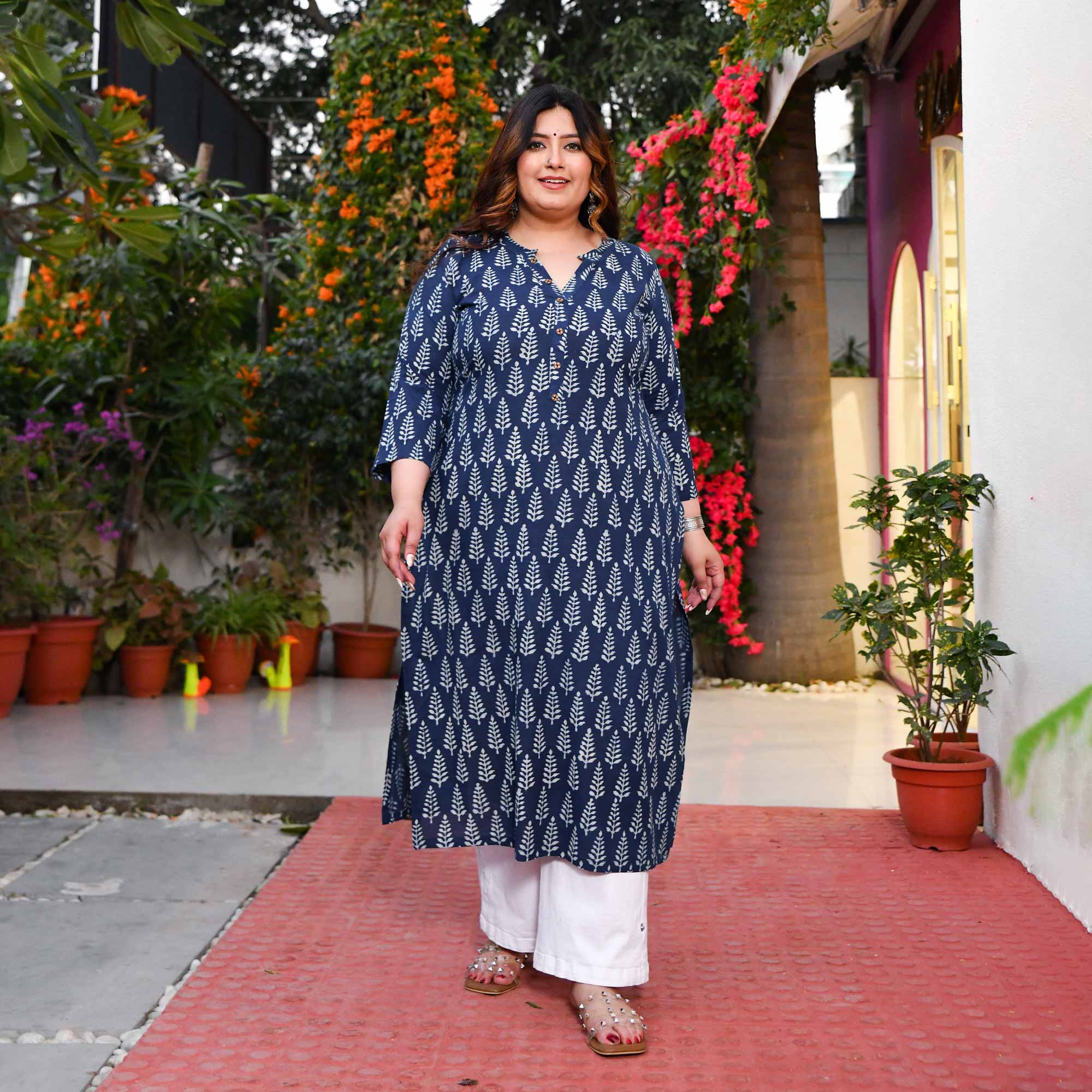 Indigo Pine Cone Handblock Printed Pure Cotton Kurta