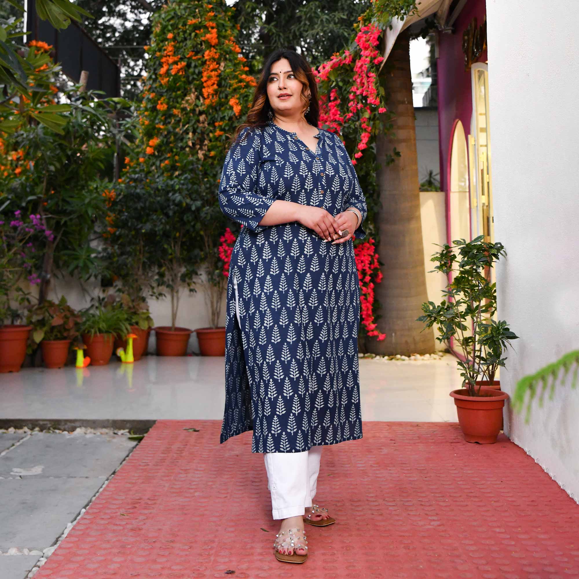 Indigo Pine Cone Handblock Printed Pure Cotton Kurta