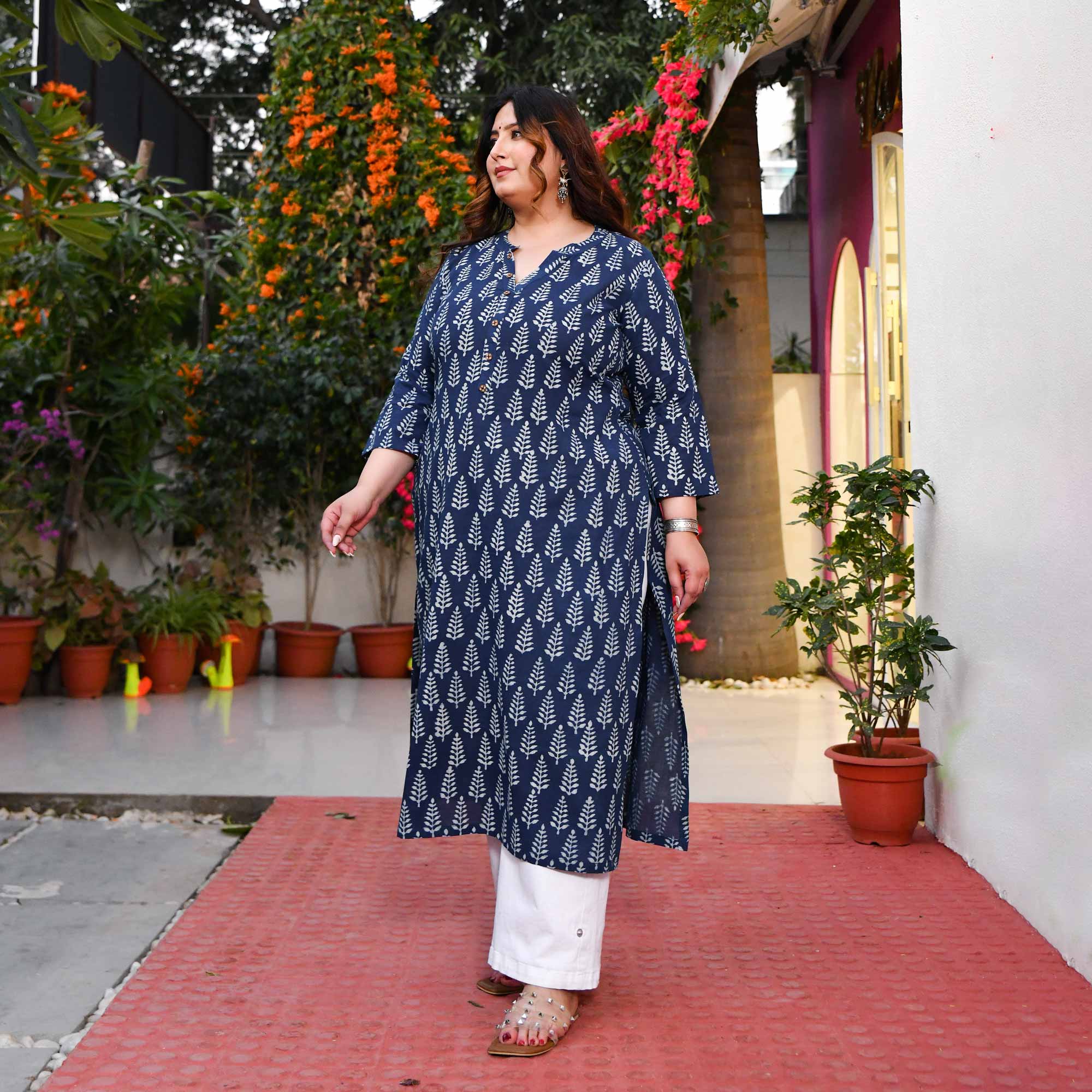 Indigo Pine Cone Handblock Printed Pure Cotton Kurta