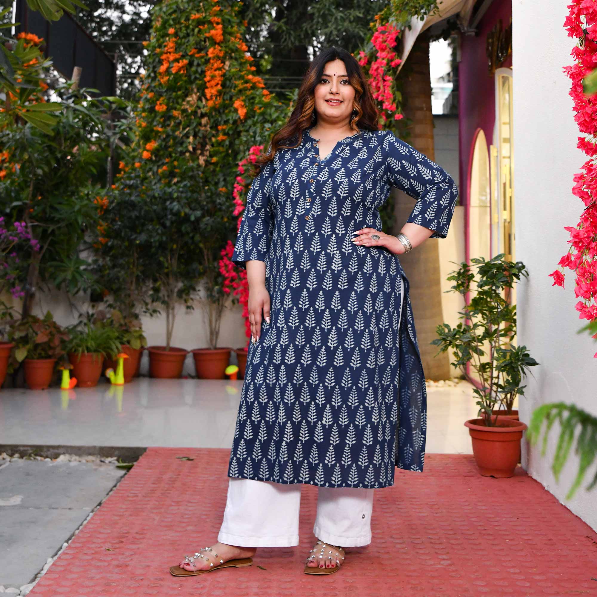 Indigo Pine Cone Handblock Printed Pure Cotton Kurta