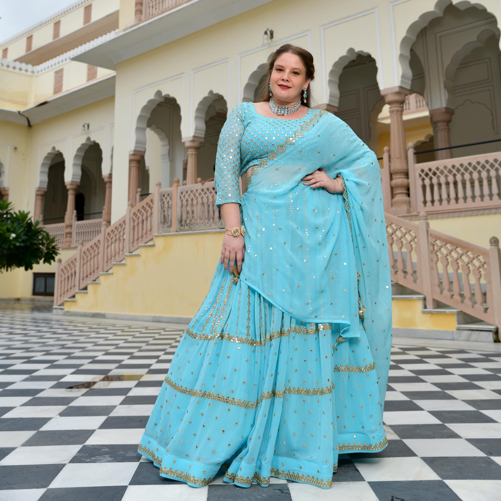 Sky Blue Thread, Beads, Zari, Sequins and Mirror work Crop Top Lehenga –  Seasons Chennai