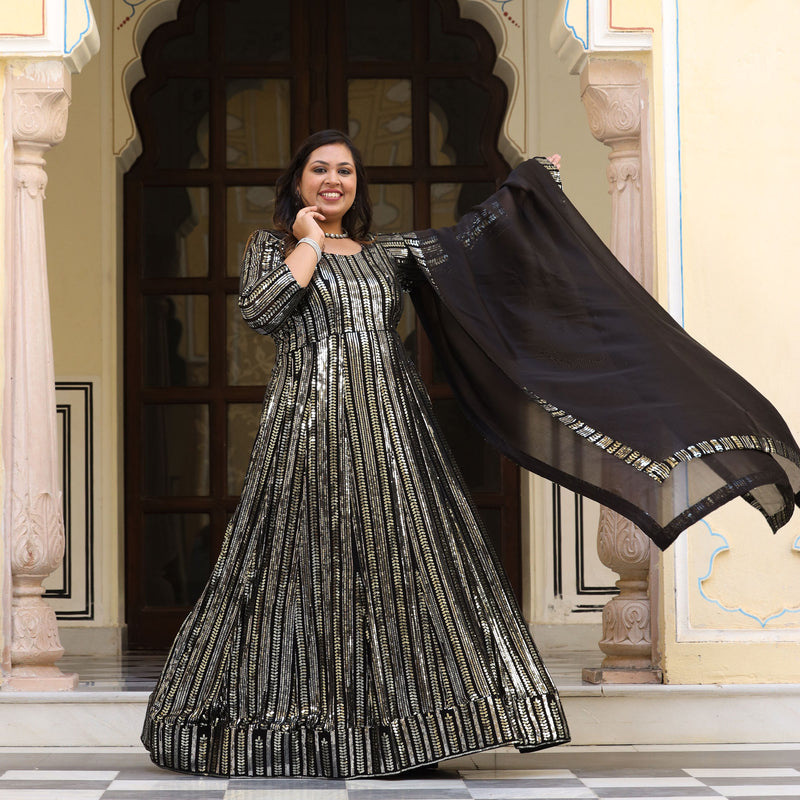 Black Crushed Georgette Mirror Lucknowi Work Anarkali Dress, 45% OFF