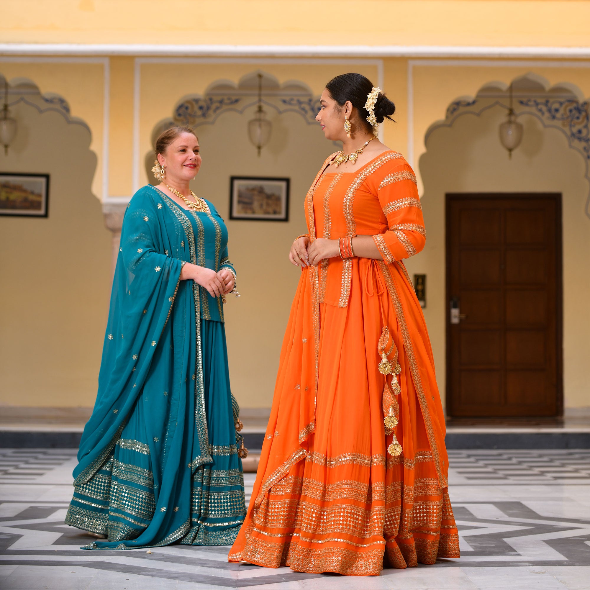 Blue & Orange Blue And Orange Lehenga Set by DOREE for rent online | FLYROBE