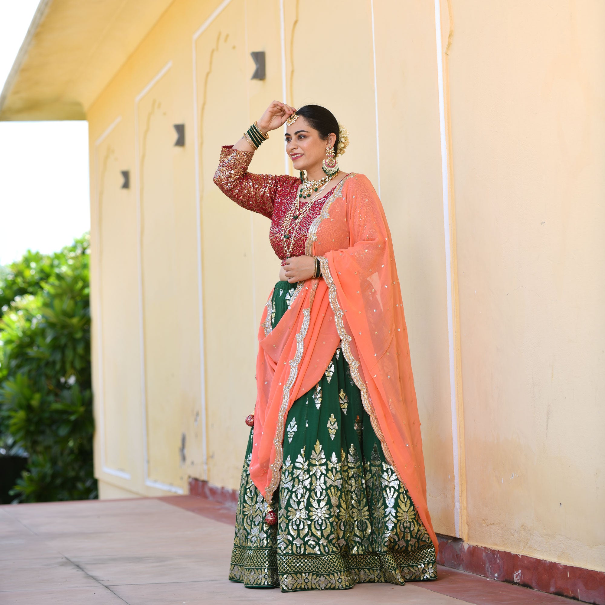 Green lehenga set,intricately embroidered raw silk skirt, embroidery top &  contrast shimmer georgette embroidery dupatta