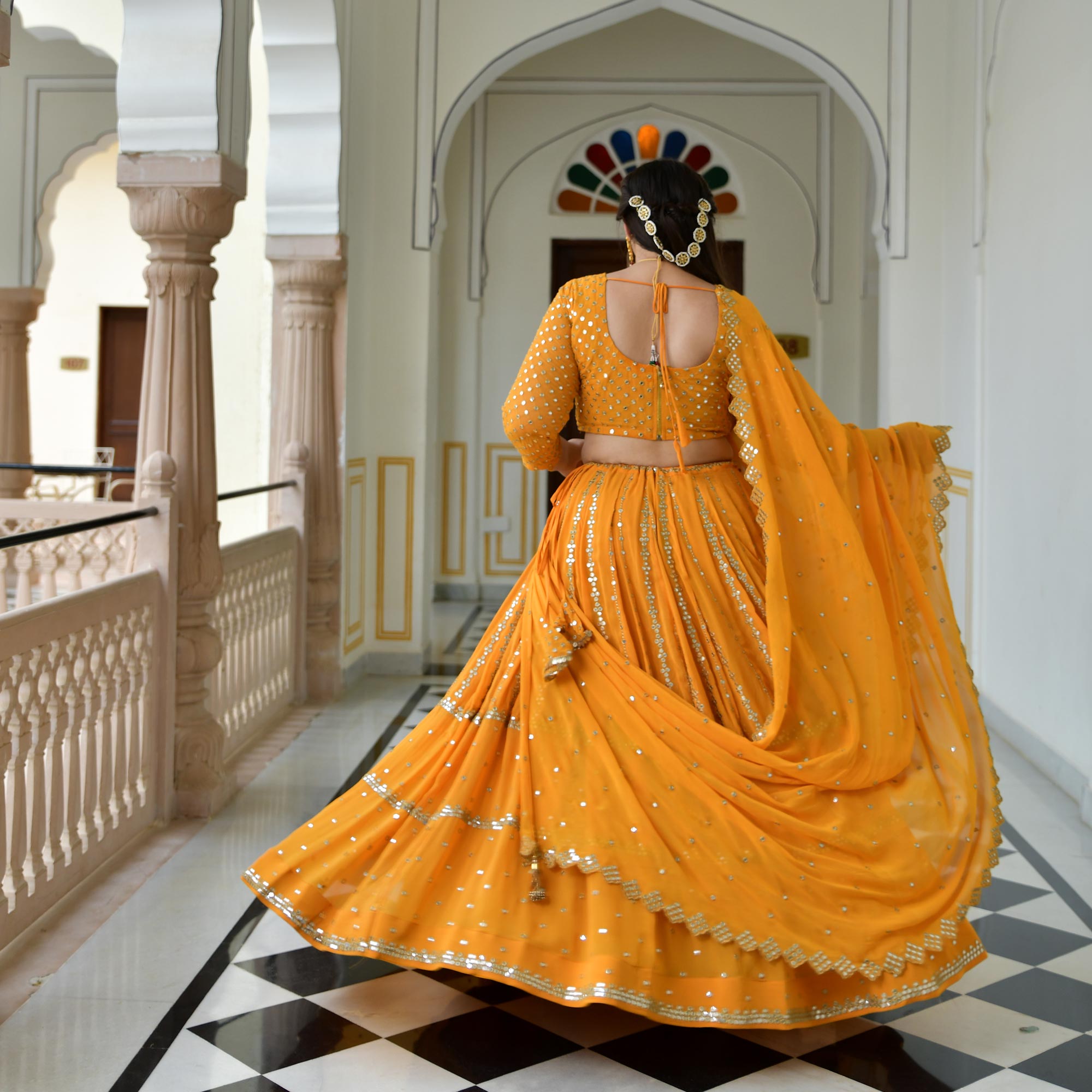 Buy Bollywood Lehengas - Ochre Yellow Multi Mirror Work Embroidery Satin  Lehenga Choli At Hatkay