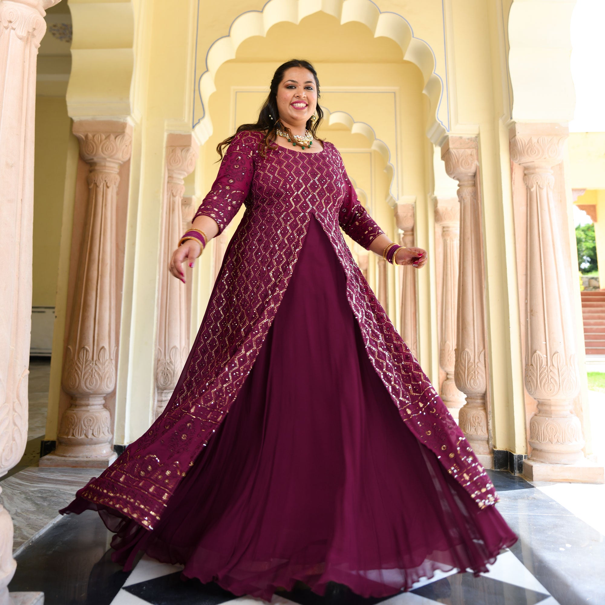 Wine Thread Embroidered Georgette Anarkali Dress